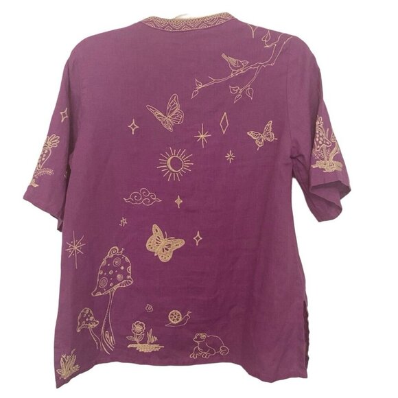 Johnny Purple Embroidered 100% Linen Tunic Blouse, Size XS, Boho Casual - Picture 2 of 7